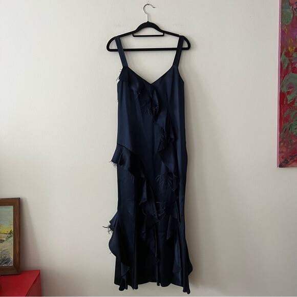 Cinq a Sept Gigi Navy Ruffle Feather Silk Satin Midi Dress - Picture 3 of 10